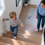 Toddler descending stairs with parent supervising