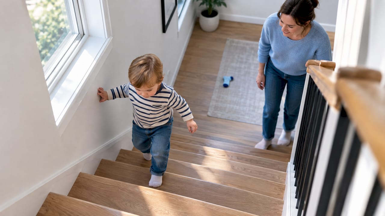 Toddler descending stairs with parent supervising