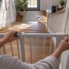 Parent securing stair gate at home