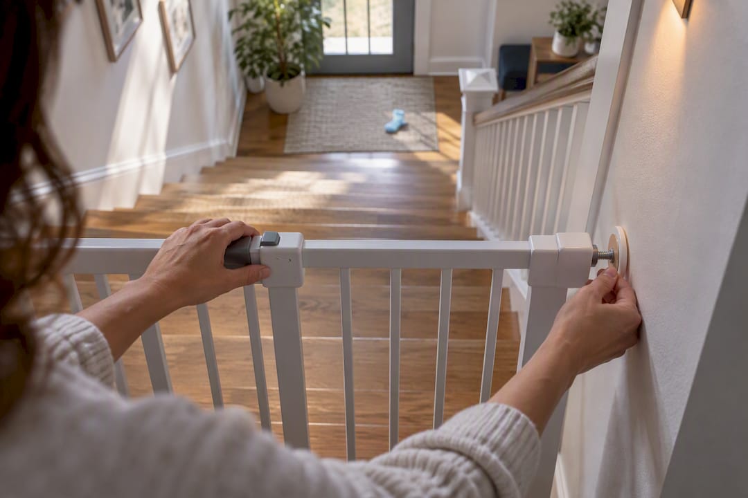 Parent securing stair gate at home