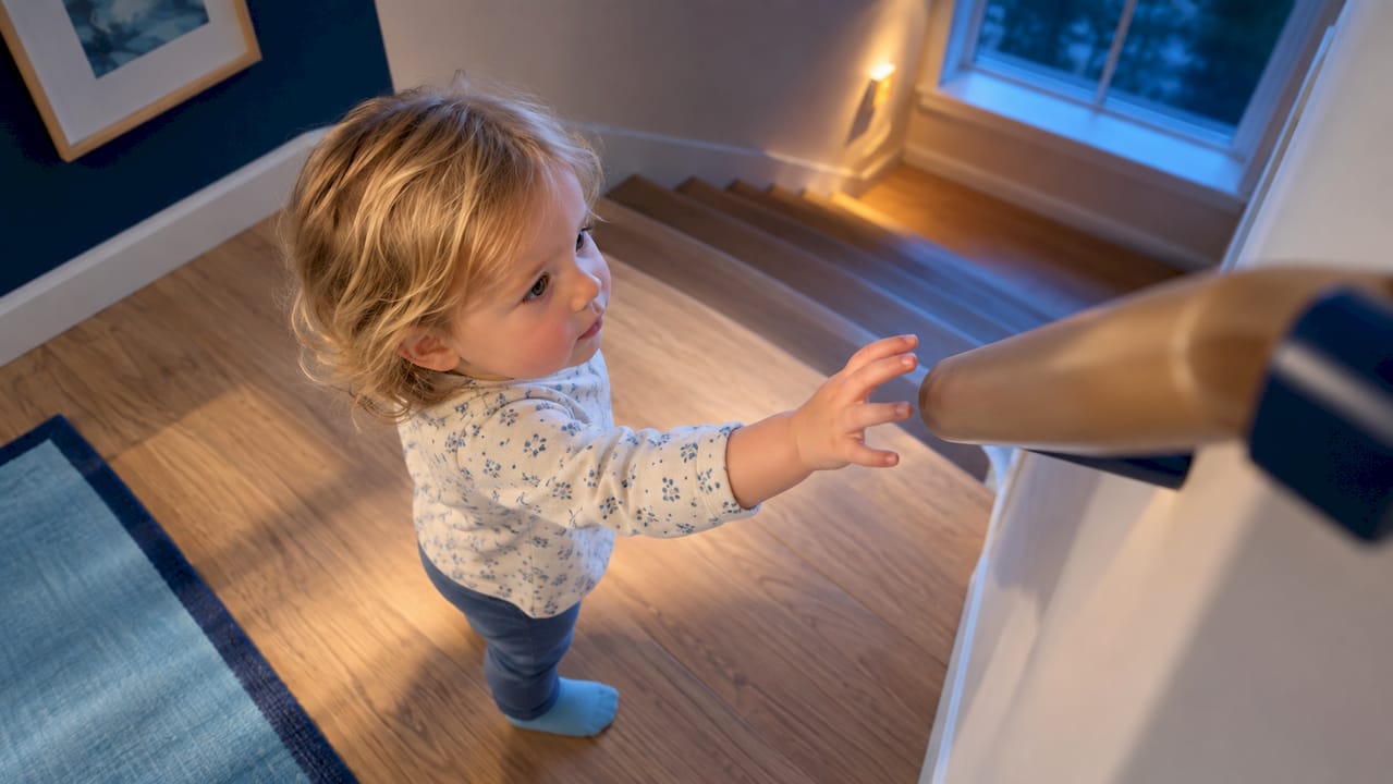 Child-height rail beside safe stair landing