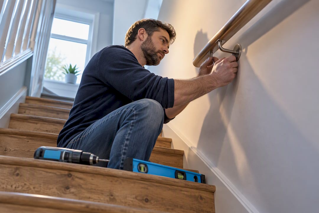 Handrail bracket aligned on stair wall