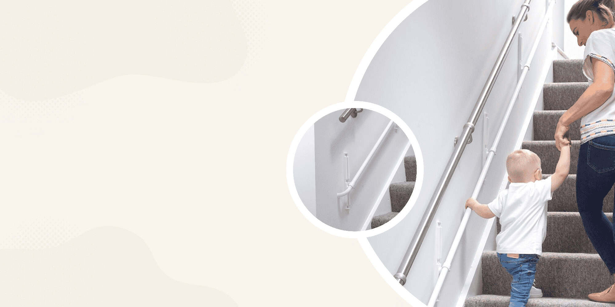 A child using a KiddieRail stair handrail with an adult