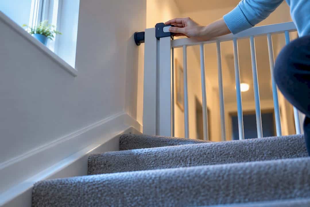 Caregiver checking apartment stair gate latch