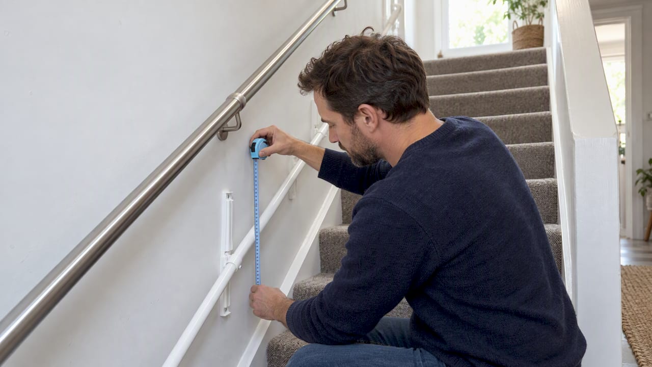 Parent measuring child stair handrail height