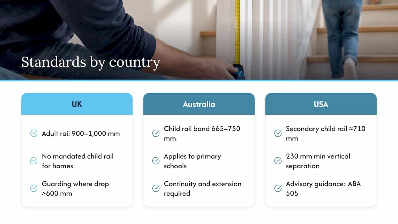 Compliance with relevant safety standards and building codes specific to child handrails — overview diagram