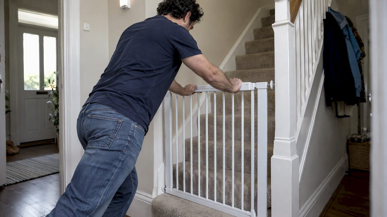 Adult testing a stair gate with body weight