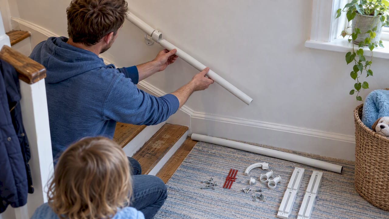 KiddieRail extension beside a child-height stair rail