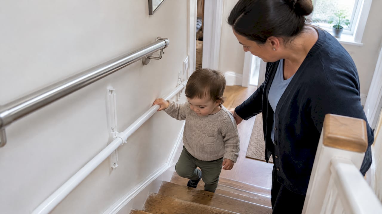 Toddler gripping a KiddieRail on stairs